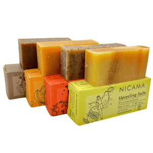 4x25g Nicama Duschseifen mit Peeling Effekt, Upcycling-Seife,Kaffesatz,Zitronenschale,Orangenschale,Kaffekirsche,Vegan,Naturkosmetik,Palmölfrei,Plastikfrei,Peel it up