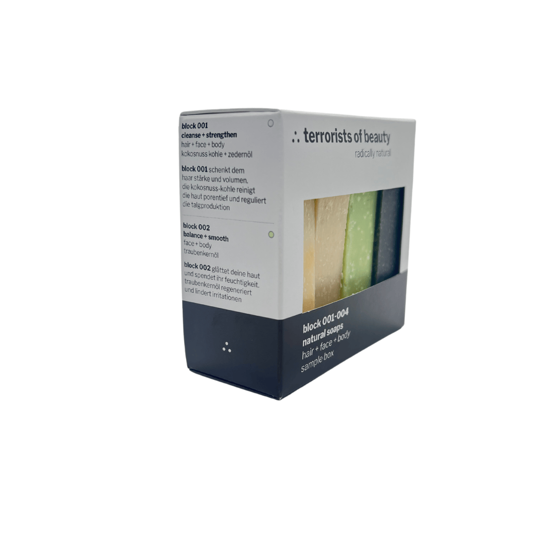 natürliche feste Seife,Dusch- und Haarseife block 001-004 "Sample Box" – 200g