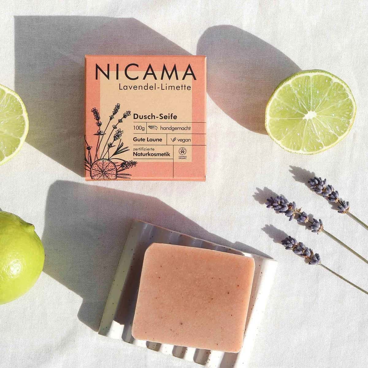 Duschseife "Lavendel-Limette" (COSMOS) 100g,Nicama,Vegan,Palmölfrei,Plastikfrei,Handgemacht,Naturkosmetik