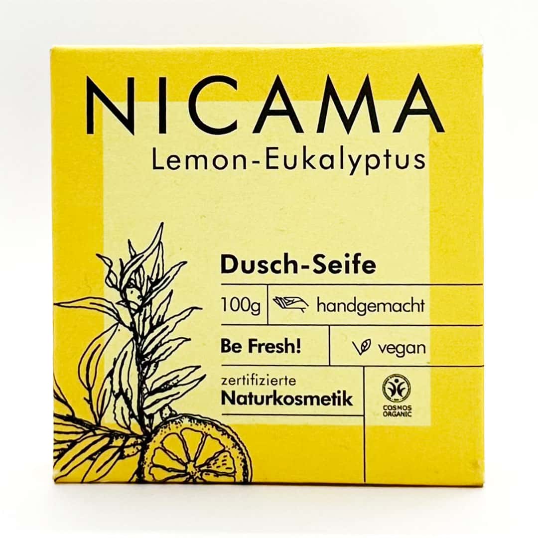 Duschseife "Lemon-Eukalyptus" (COSMOS) 100g,Nicama,Vegan,Palmölfrei,Plastikfrei,Handmade,Be Fresh,Naturkosmetik