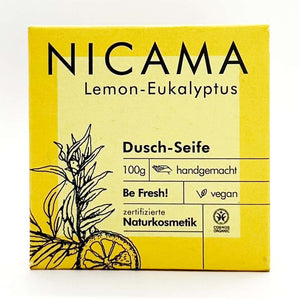 Duschseife "Lemon-Eukalyptus" (COSMOS) 100g,Nicama,Vegan,Palmölfrei,Plastikfrei,Handmade,Be Fresh,Naturkosmetik