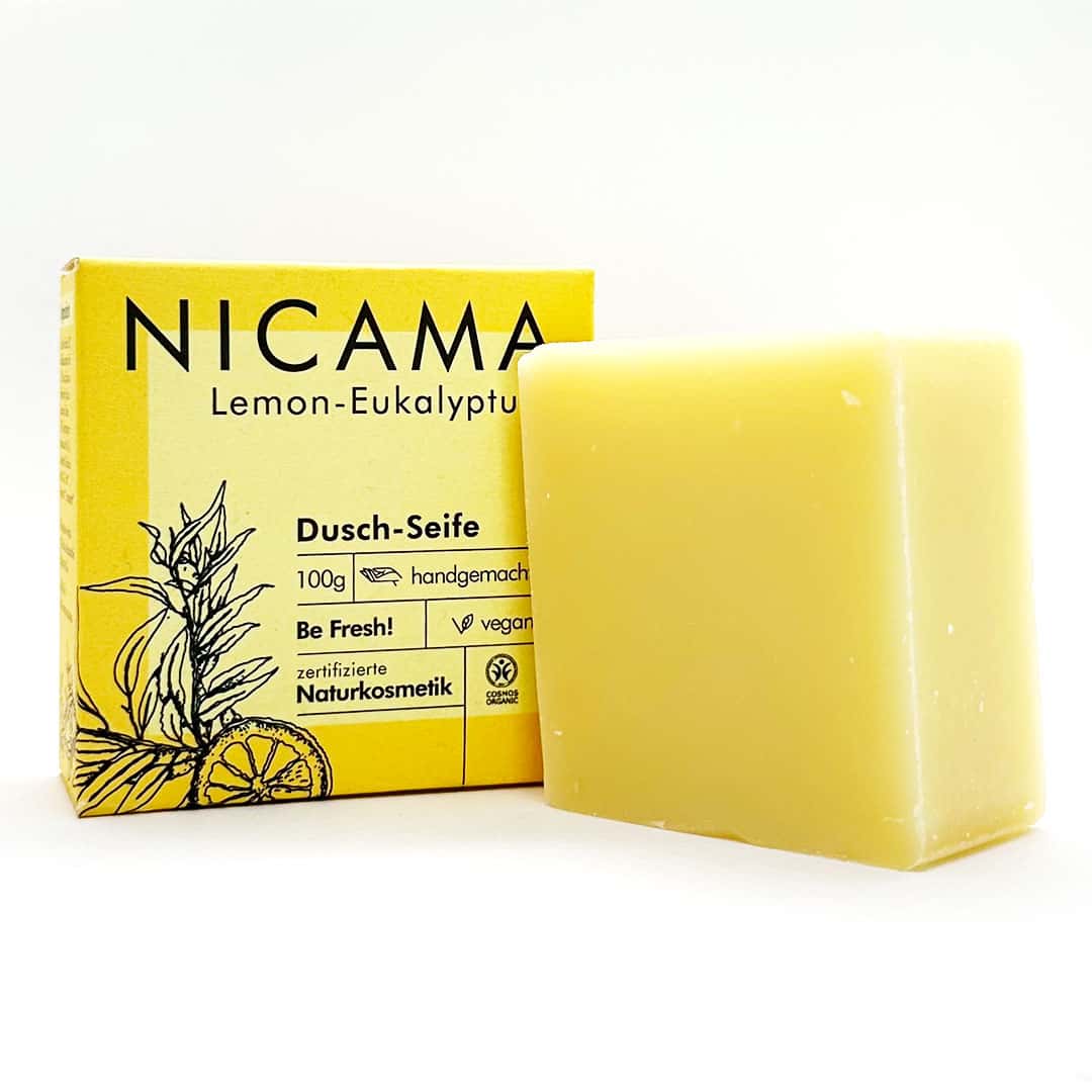 Duschseife "Lemon-Eukalyptus" (COSMOS) 100g,Nicama,Vegan,Palmölfrei,Plastikfrei,Handmade,Be Fresh,Naturkosmetik