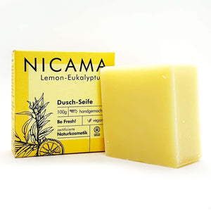 Duschseife "Lemon-Eukalyptus" (COSMOS) 100g,Nicama,Vegan,Palmölfrei,Plastikfrei,Handmade,Be Fresh,Naturkosmetik