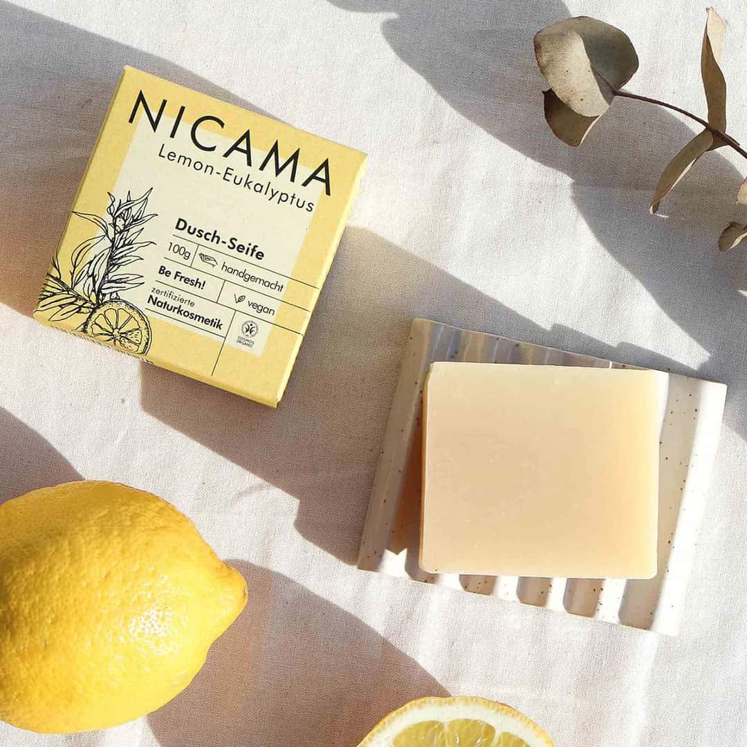 Duschseife "Lemon-Eukalyptus" (COSMOS) 100g,Nicama,Vegan,Palmölfrei,Plastikfrei,Handmade,Be Fresh,Naturkosmetik