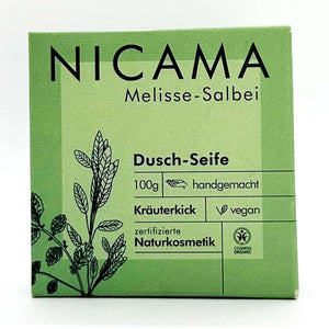 Duschseife "Melisse-Salbei" (COSMOS) – 100g,Nicama,Vegan,Palmölfrei,Plastikfrei,Handmade,Naturkosmetik,Kräuterkick