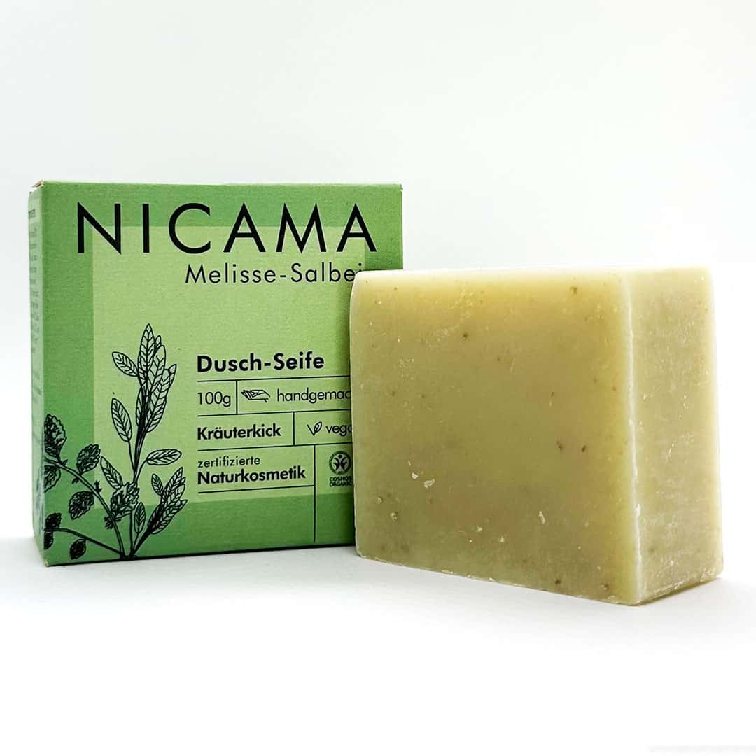 Duschseife "Melisse-Salbei" (COSMOS) – 100g,Nicama,Vegan,Palmölfrei,Plastikfrei,Handmade,Naturkosmetik,Kräuterkick