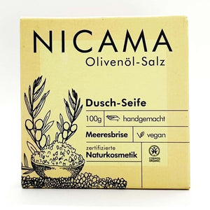 Duschseife "Olivenöl-Salz" (COSMOS) – 100g,Nicama,Vegan,palmölfrei,Plastikfrei,Naturkosmetik,Handmade,Meeresbrise