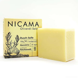 Duschseife "Olivenöl-Salz" (COSMOS) – 100g,Nicama,Vegan,palmölfrei,Plastikfrei,Naturkosmetik,Handmade,Meeresbrise
