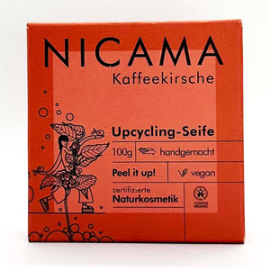 Duschseife "Upcycling-Kaffeekirsche" (COSMOS), mit Peelingeffekt – 100g,Nicama,Vegan,Plastikfrei,Palmölfrei,Handmade,Naturkosmetik,Peel it up