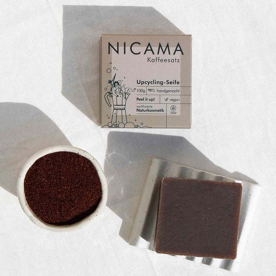 Duschseife "Upcycling-Kaffeesatz" (COSMOS), mit Peelingeffekt – 100g,Nicama,handgemacht,Naturkosmetik,Vegan,Palmölfrei,Plastikfrei,Peel it up