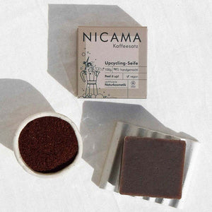 Duschseife "Upcycling-Kaffeesatz" (COSMOS), mit Peelingeffekt – 100g,Nicama,handgemacht,Naturkosmetik,Vegan,Palmölfrei,Plastikfrei,Peel it up
