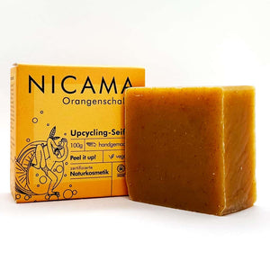 Duschseife "Upcycling-Orangenschale" (COSMOS), mit Peelingeffekt – 100g,Nicama,Vegan,Palmölfrei,Plastikfrei,Naturkosmetik,handgemacht,Peel it up