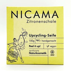 Duschseife "Upcycling-Zitronenschale" (COSMOS), mit Peelingeffekt – 100g,Nicama,Vegan,Palmölfrei,Plastikfrei,Handgemacht,Naturkosmetik,Peel it up