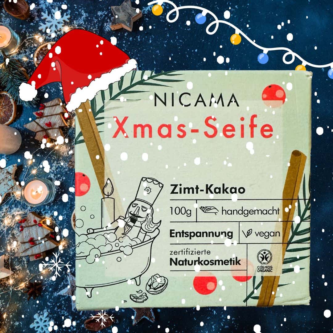 Duschseife "Xmas-Seife - Zimt-Kakao", zum „Reinbeißen“ – 100g,Nicama,Vegan,Palmölfrei,Plastikfrei,Naturkosmetik,handgemacht,Entspannung