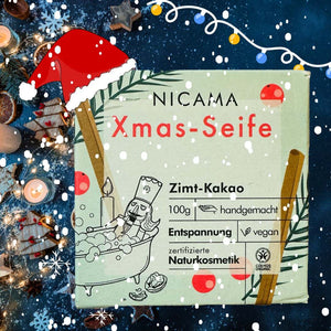 Duschseife "Xmas-Seife - Zimt-Kakao", zum „Reinbeißen“ – 100g,Nicama,Vegan,Palmölfrei,Plastikfrei,Naturkosmetik,handgemacht,Entspannung