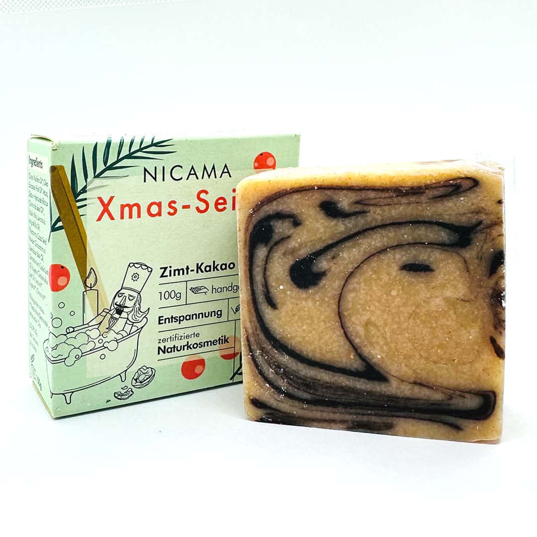 Duschseife "Xmas-Seife - Zimt-Kakao", zum „Reinbeißen“ – 100g,Nicama,Vegan,Palmölfrei,Plastikfrei,Naturkosmetik,handgemacht,Entspannung