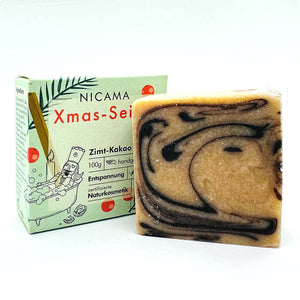 Duschseife "Xmas-Seife - Zimt-Kakao", zum „Reinbeißen“ – 100g,Nicama,Vegan,Palmölfrei,Plastikfrei,Naturkosmetik,handgemacht,Entspannung