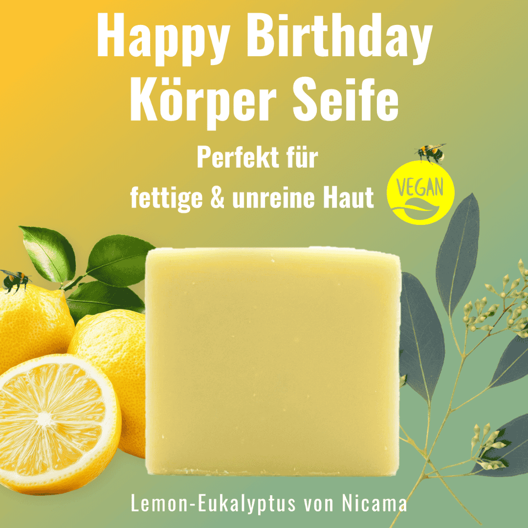 Nicama,Naturseife,Lemon,Eukalyptus,Körperseife,Vegan.Cosmos,Naturkosmetik,Happy Birthday Seife, Vegan,Palmölfrei,Plastikfrei