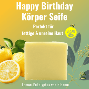 Nicama,Naturseife,Lemon,Eukalyptus,Körperseife,Vegan.Cosmos,Naturkosmetik,Happy Birthday Seife, Vegan,Palmölfrei,Plastikfrei
