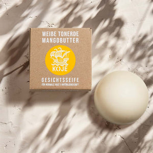 Gesichtsseife "Mangobutter", mineralisierend – 60g-Vegan-Palmölfrei-Plastikfrei-Koje-normale Haut-Natürlicher Duft-weiße Tonerde