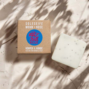 Hand- und Körperseife "Soleseife Mohn & Rose", handgesiedet  – 100g,Vegan,palmölfrei,Plastikfrei,Koje,Peeling für normale Haut