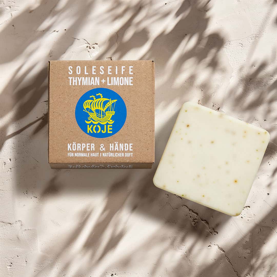 Hand- und Körperseife "Soleseife Thymian & Limone", handgesiedet – 100g,Vegan,Palmölfrei,Plastikfrei,für normale Haut,natürlicher Duft,Koje