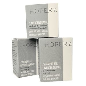 Hopery Pflege-Set "Lavendel Orange" – Körperbutter-festes Duschgel-Shampoo-Vegan-Palmölfrei-Plastikfrei