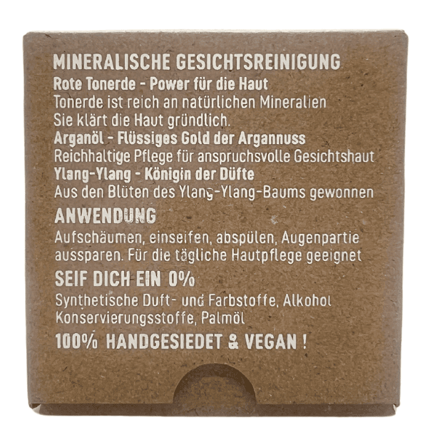 Natürliche Gesichtsseife "Arganöl", mineralisierend – 60g,Vegan,Palmölfrei,Plastikfrei,Koje,für anspruchsvolle Haut,rote Tonerde