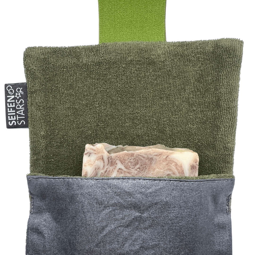 Seifentasche "Olive" aus Baumwolle mit fester Seife von seifenstars Vegan, Plastikfrei, Tierversuchsfrei, Palmölfrei mit fester Seife