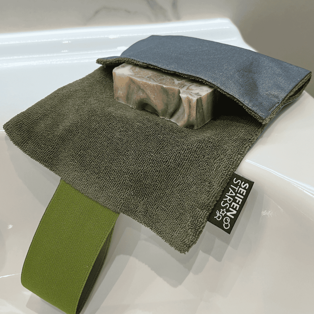 Seifentasche "Olive" aus Baumwolle mit fester Seife von seifenstars Vegan, Plastikfrei, Tierversuchsfrei, Palmölfrei mit fester Seife