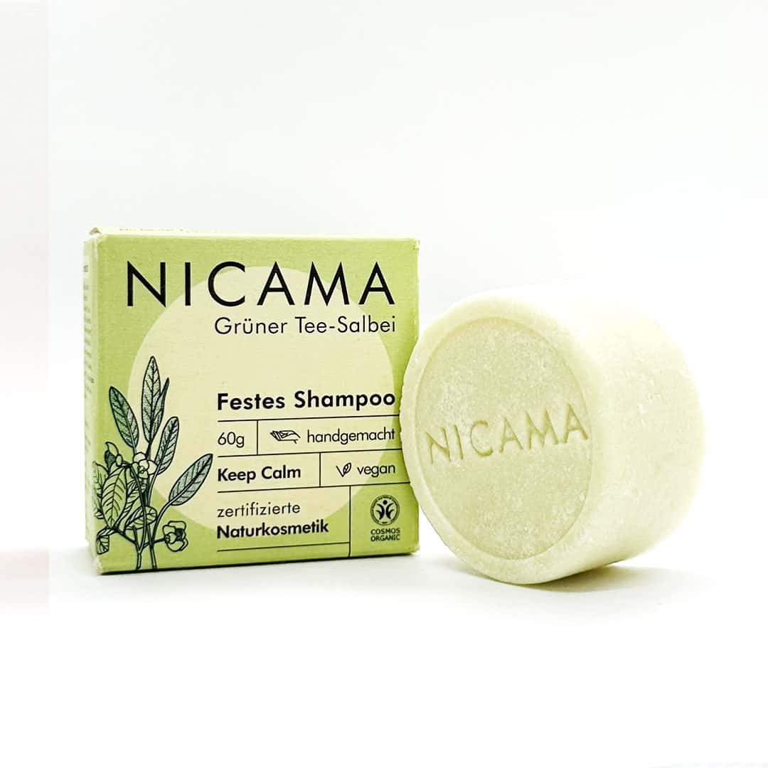 Shampoo "Grüner Tee & Salbei" (COSMOS) – 60g,Nicama,Vegan,Palmölfrei,Plastikfrei,Naturkosmetik, festes Shampoo,Keep Calm