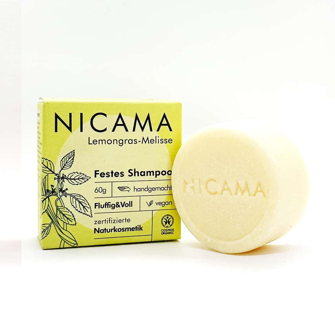 Shampoo "Lemongras-Melisse" (COSMOS) – 60g,Nicama,Vegan,Pamlölfrei,Plastikfrei,Naturkosmetik,handgemacht,festes Shampoo,Fluffig&Voll