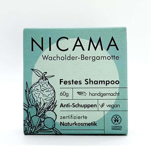 Shampoo "Wacholder-Bergamotte" (COSMOS) – 60g,Nicama,Palmölfrei,Plastikfrei,Vegan,Naturkosmetik,Handgemacht,Anti-Schuppen,festes Shampoo