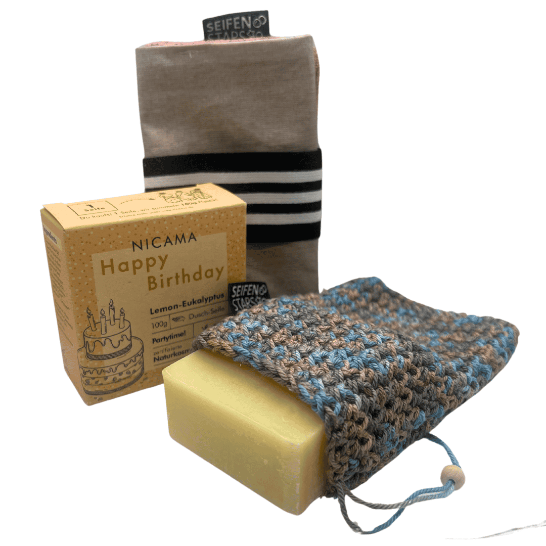 Start-Set "Happy Birthday", Nicama Lemon-Eukalyptus Seife,Seifensäckchen bunt, Seifentasche beige/beere