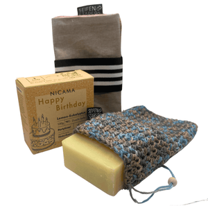 Start-Set "Happy Birthday", Nicama Lemon-Eukalyptus Seife,Seifensäckchen bunt, Seifentasche beige/beere