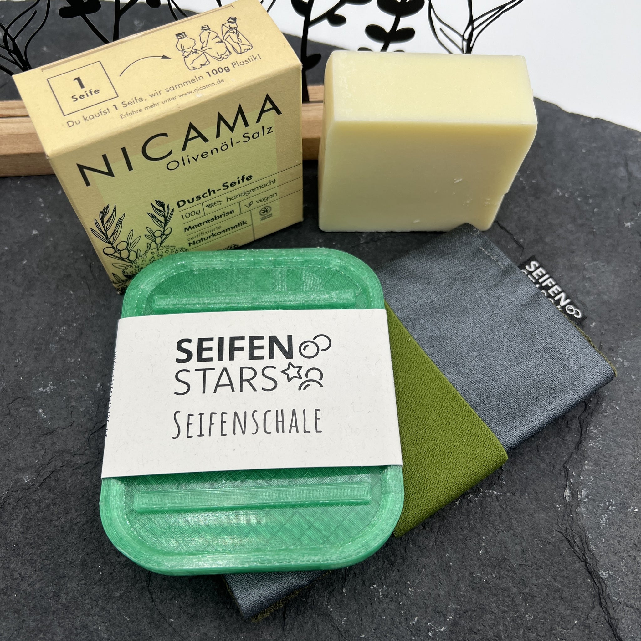 Start-Set "Olive" Nicama Olivenseife, mit grüner Seifenschale rPETG & Olive Seifentasche