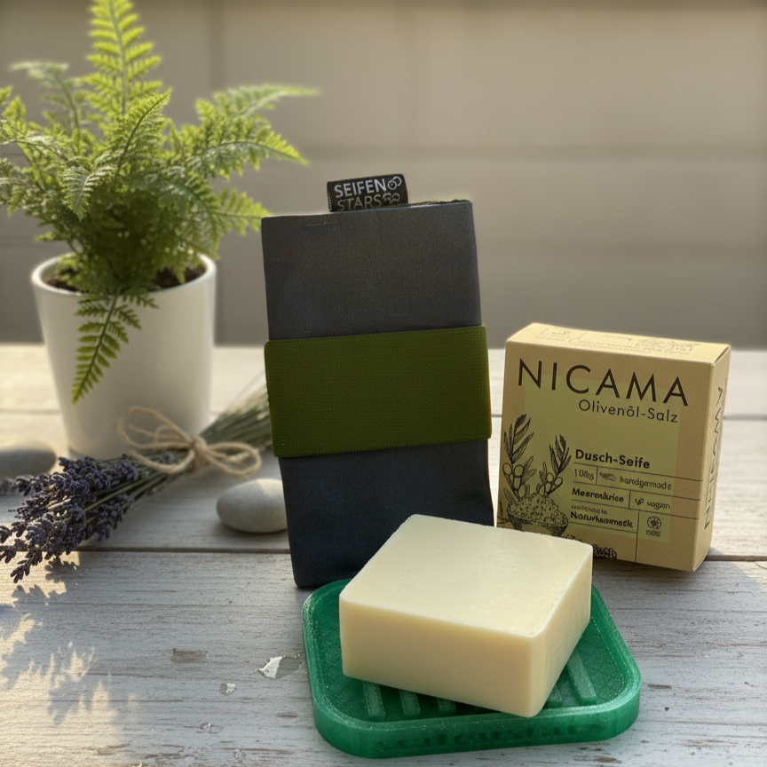 Start-Set "Olive" Nicama Olivenseife, mit grüner Seifenschale rPETG & Olive Seifentasche