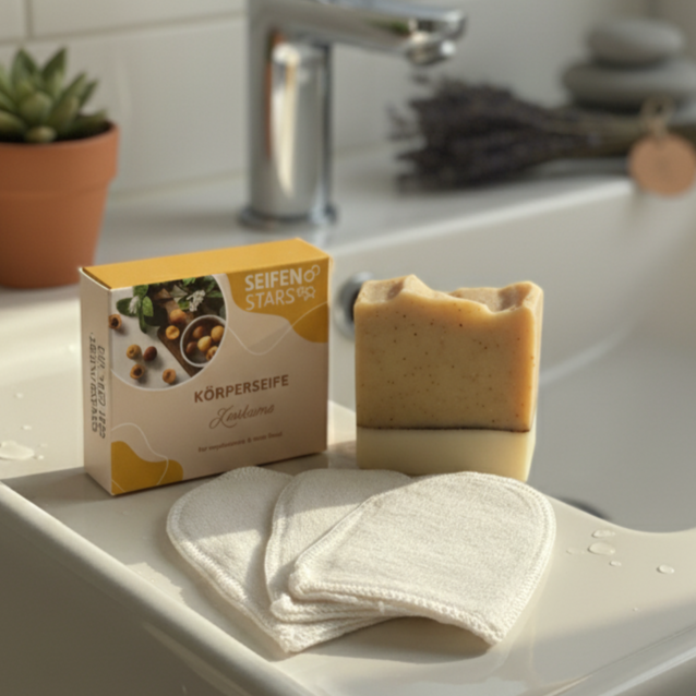 Start-Set "Glow & Clean" Kurkuma Naturseife und waschbare Abschminkpads,Vegan, Palmölfrei,Plastikfrei,Tierversuchsfrei
