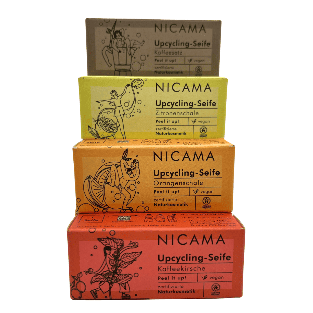 4x25g Nicama Duschseifen mit Peeling Effekt, Upcycling-Seife,Kaffesatz,Zitronenschale,Orangenschale,Kaffekirsche,Vegan,Naturkosmetik,Palmölfrei,Plastikfrei,Peel it up