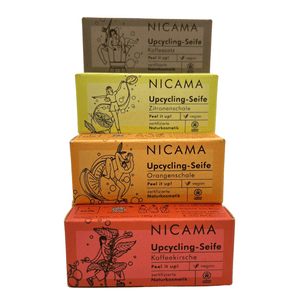 4x25g Nicama Duschseifen mit Peeling Effekt, Upcycling-Seife,Kaffesatz,Zitronenschale,Orangenschale,Kaffekirsche,Vegan,Naturkosmetik,Palmölfrei,Plastikfrei,Peel it up