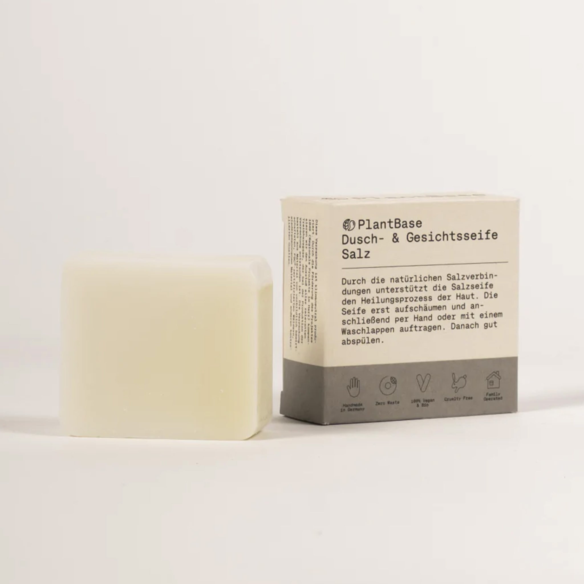Dusch- und Gesichtsseife "Salz", handgemacht – 100g,PlantBase,Vegan,Handmade,Plastikfrei,Palmölfrei,Zero Waste