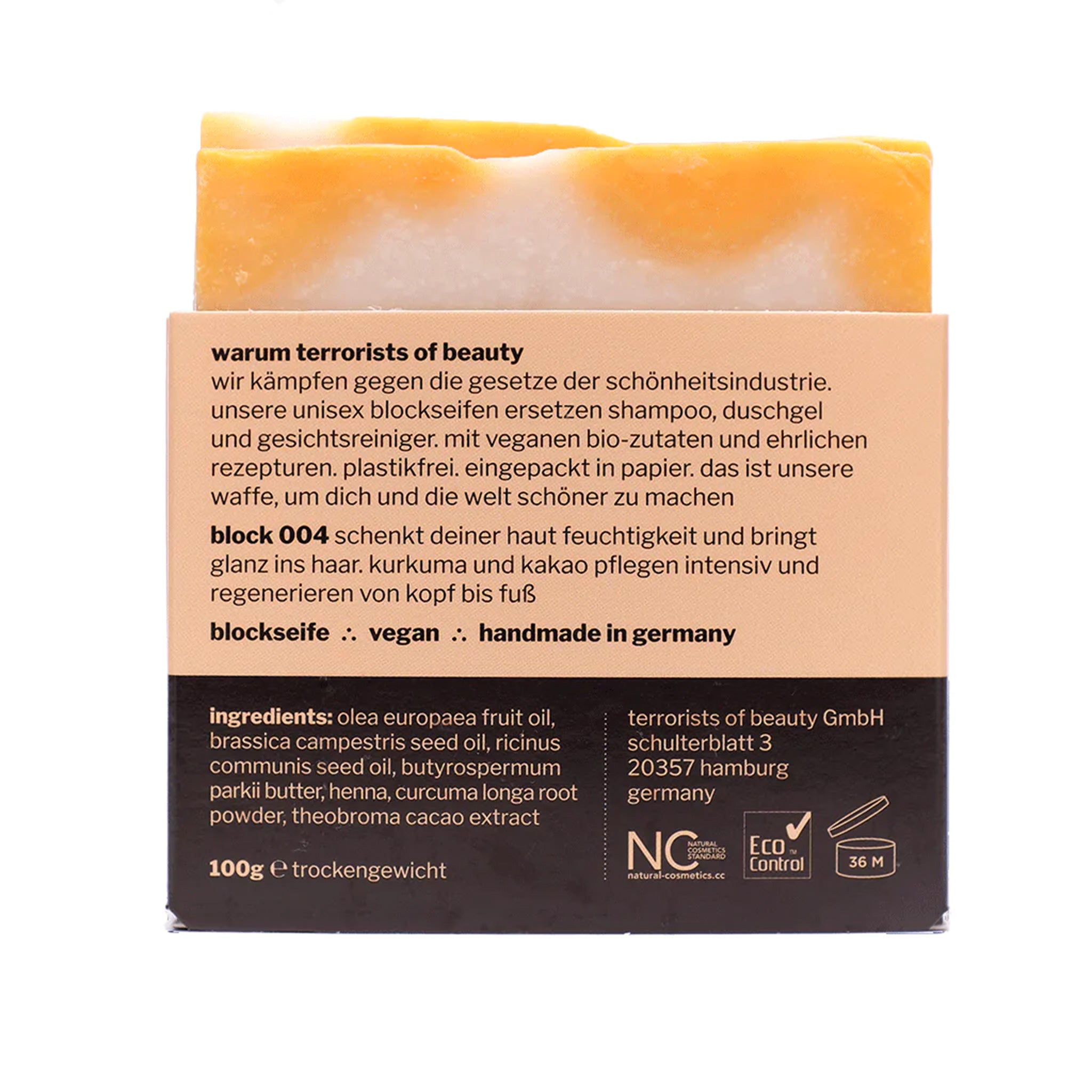 Dusch- und Haarseife block 004 "Kurkuma & Kakao" – 100g-Vegan-feste Duschseife