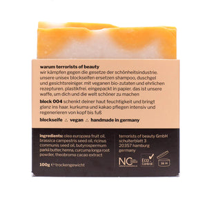 Dusch- und Haarseife block 004 "Kurkuma & Kakao" – 100g-Vegan-feste Duschseife