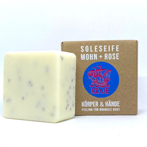 Hand- und Koerperseife "Soleseife Mohn & Rose", handgesiedet  – 100g-Vegan-Palmölfrei-Plastikfrei-Peeling für normale Haut-Koje