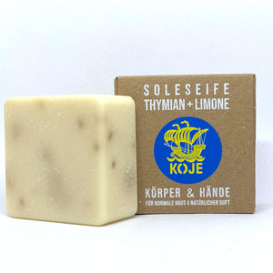 Hand- und Körperseife "Soleseife Thymian & Limone", handgesiedet – 100g,Vegan,Palmölfrei,Plastikfrei,für normale Haut,natürlicher Duft,Koje