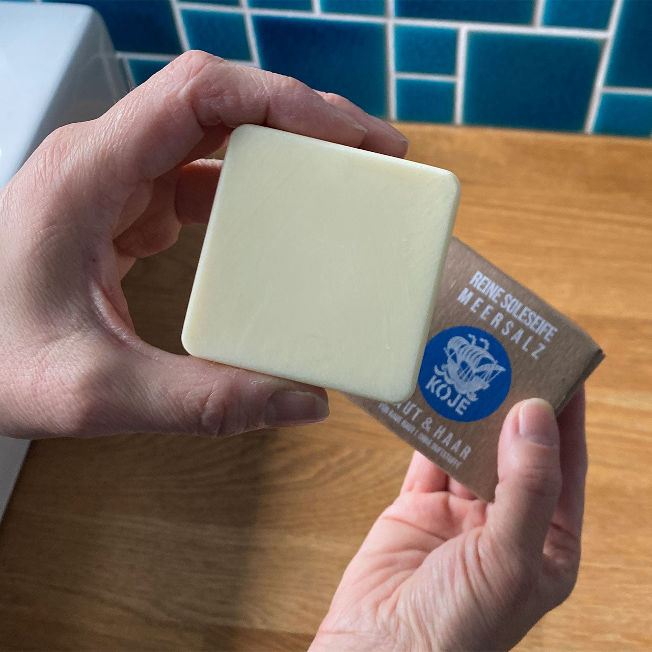 Haut- und Haarseife "Reine Soleseife Meersalz", handgesiedet – 100g,Vegan,Palmölfrei,Plastikfrei,Koje,für Raue Haut,ohne Duftstoffe